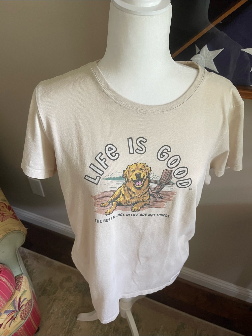 Life Is Good Cream T-Shirt with Golden Retriever Beach Graphic